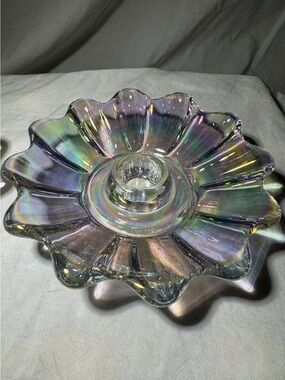 Set of 2 vintage Federal Glass iridescent taper candle holders